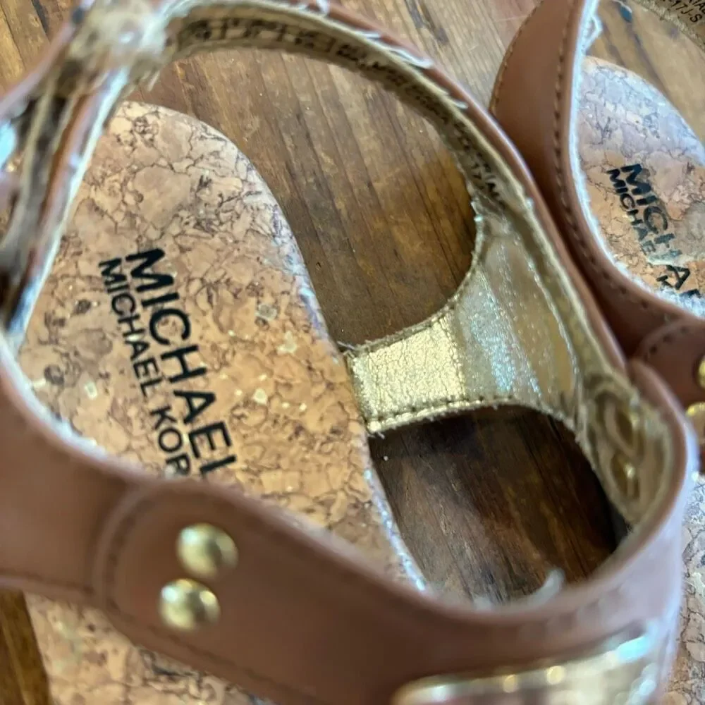 Michael Kors T Strap Sandals Cognac Brown Strap Back Size 10